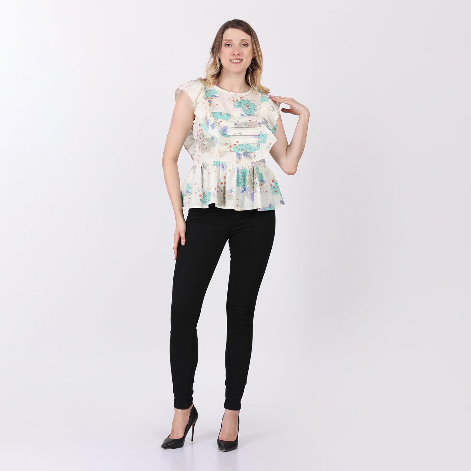 Buy Glam Modene Women's Cotton Ruffle Printed Peplum Top, Sea Green (X-Small) at Amazon.in - Image 17