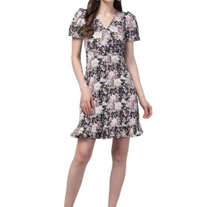 Women's Casual Dress Puff Sleeve Surplice Neck Printed Mini Dress