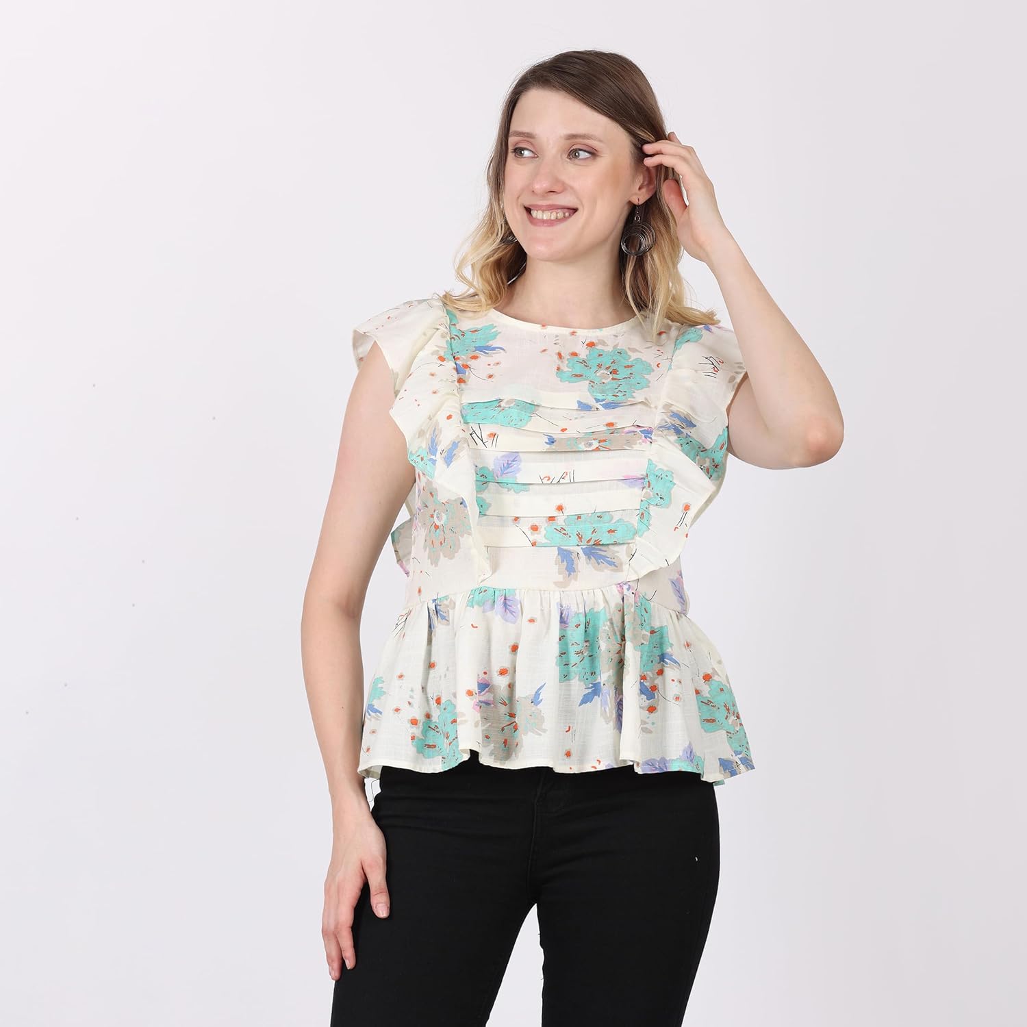 Buy Glam Modene Women's Cotton Ruffle Printed Peplum Top, Sea Green (X-Small) at Amazon.in - Image 6