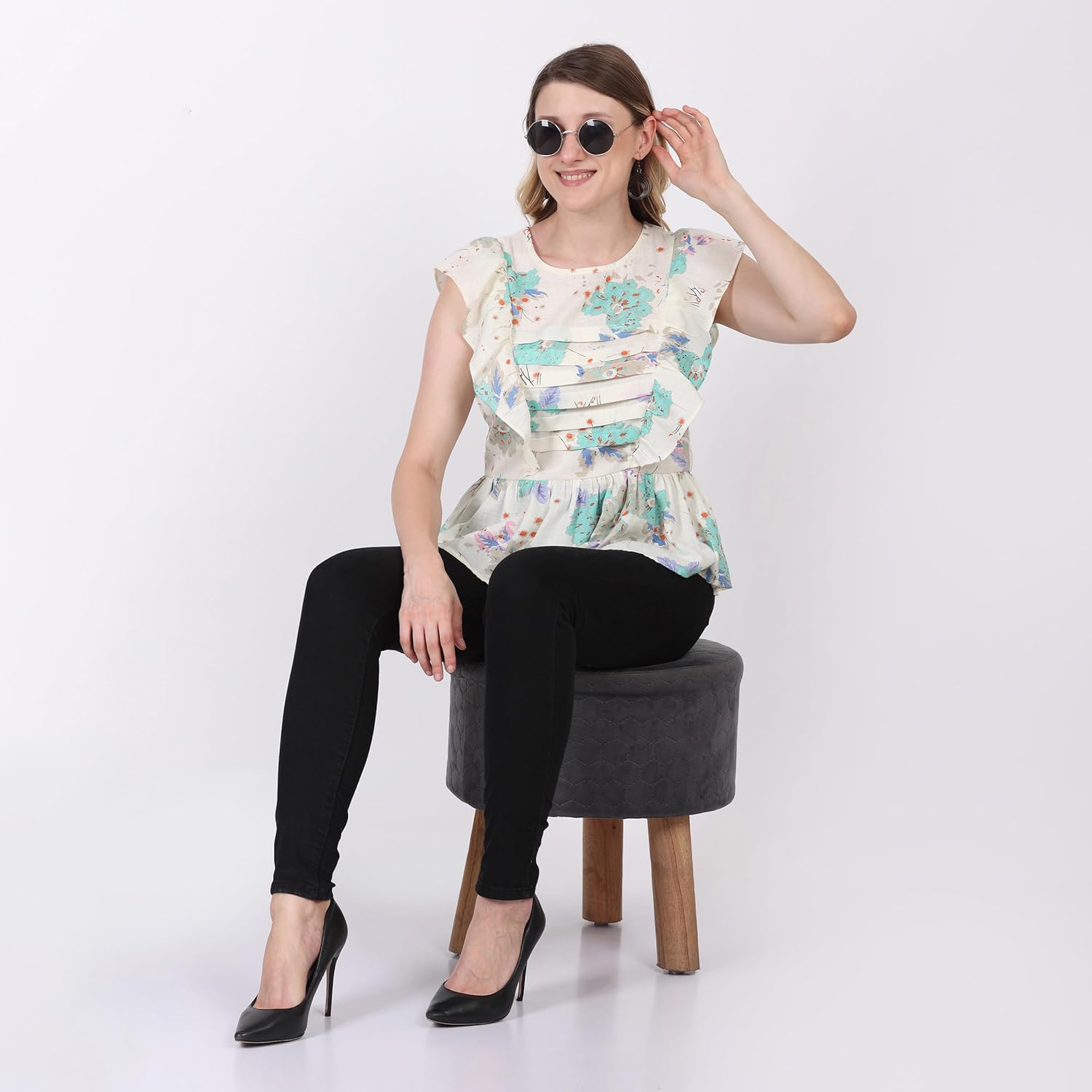 Buy Glam Modene Women's Cotton Ruffle Printed Peplum Top, Sea Green (X-Small) at Amazon.in - Image 8