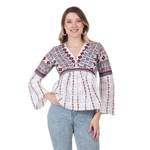 Buy Glam Modene Women's Casual Bell Sleeve V Neck Polyester Rhombus Border Print Peplum Top, Maroon (Small) at Amazon.in