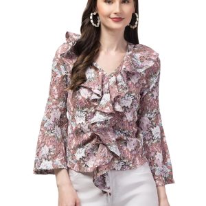 Buy Glam Modene Women's Elegant Ruffled V Neck Printed Bell Sleeve Top (GMWT001) (Small, Rose Quartz) at Amazon.in