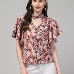 Women's Casual Flared Sleeve Johnny Collar Printed Blouse  (Coral Leaf Print)
