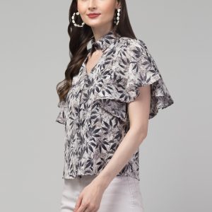 Women's Casual Flared Sleeve Johnny Collar Printed Blouse  (Grey Leaf Print)